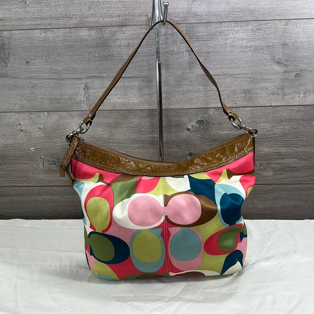 Coach Scarf Print F13800 Multicolor Fabric and Patent Leather Hobo Bag